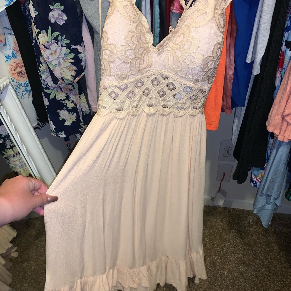 beige lace flowy dress